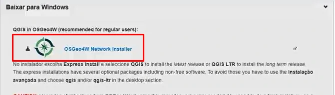 Instalador do programa QGIS que não deve ser utilizado